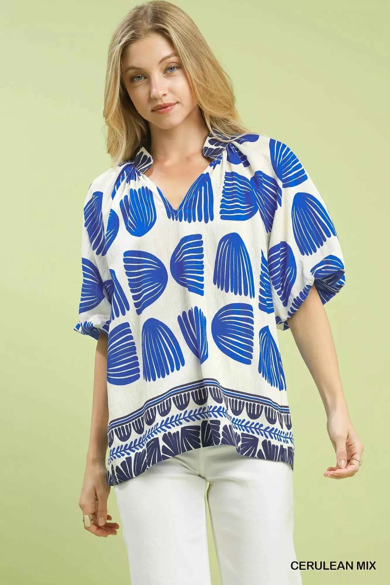Umgee Shell Block Border Print Puff Sleeve Blouse CERULEAN MIX f31223d2-e444-48f8-bde4-866d05cbfca5-Max-Origin
