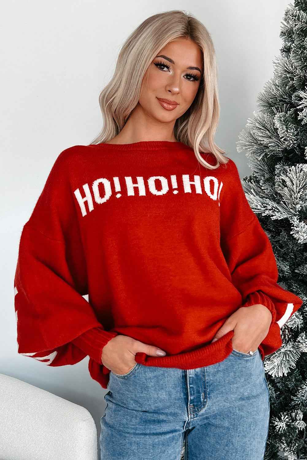 Fiery Red MERRY CHRISTMAS HO HO HO Drop Shoulder Loose Sweater f33b951b5e2dd168
