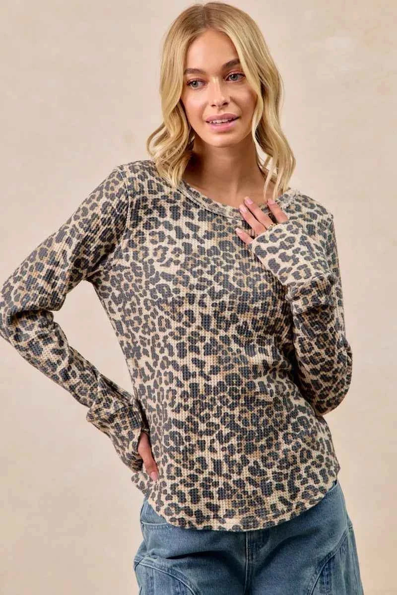 BiBi Leopard Print Washed Waffle Thermal Top with Thumb f33dca18d2c74782a8e821489543b0ad-Max-Origin