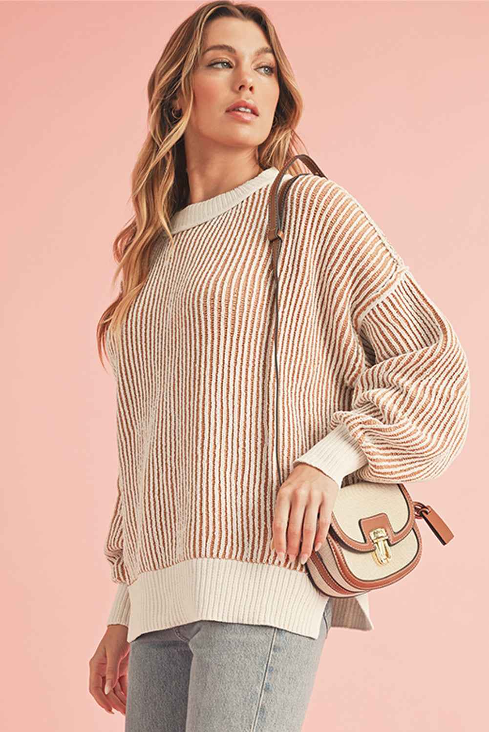 Chestnut Striped Contrast Trim Loose Sweater f356cba825a099c3