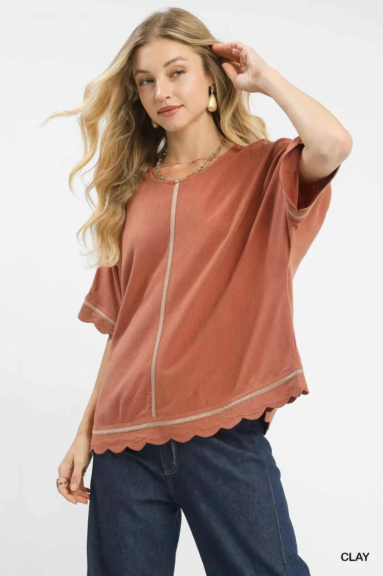 Umgee Linen Blend Scallop Trim Top CLAY f4bad3b3-c151-4607-9f09-a89e34643132-Max-Origin