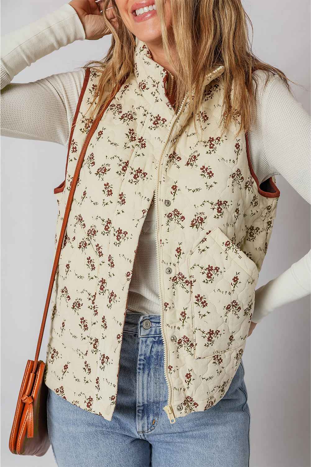 Apricot Floral Print Zip Up Quilted Warm Vest f4eedcb42843a389