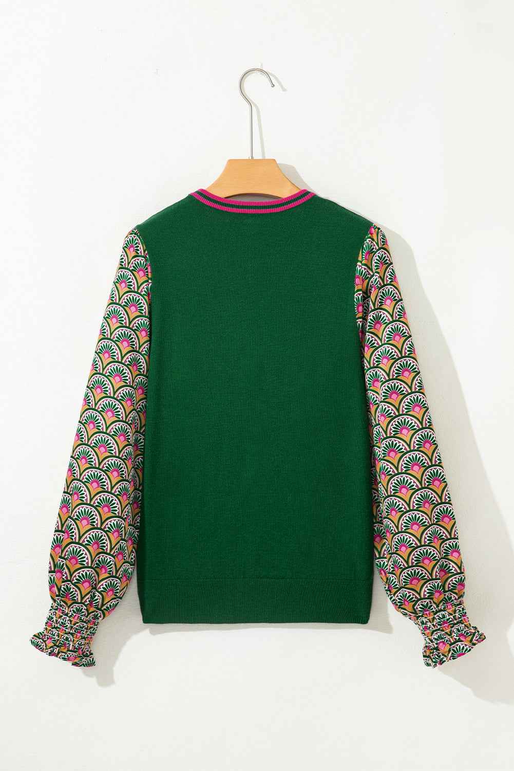 Blackish Green Floral Patchwork Shirred Cuff Puff Sleeve Sweater f50660e2497c1631