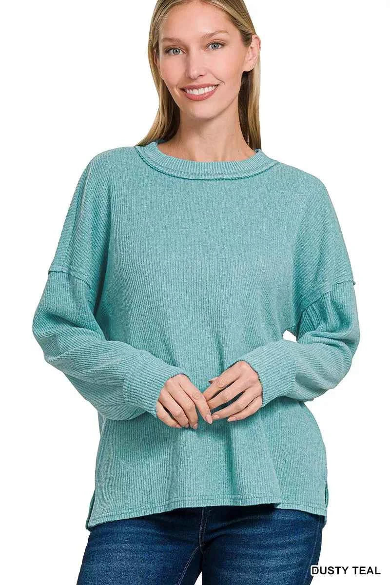 Zenana Brushed Ribbed Hacci Drop Shoulder Sweater DUSTY TEAL f511155e-0ad4-462b-8ac2-bd60d1806361-Max-Origin