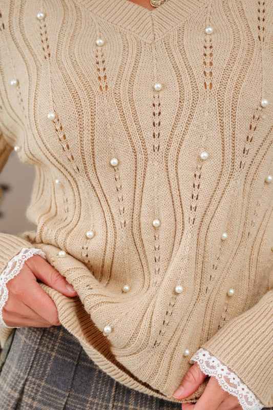 Pearl Beaded Pointelle Knit V-Neck Lace Trim Sweat f5537dd5-84c8-4b88-8f85-12c922693ec9