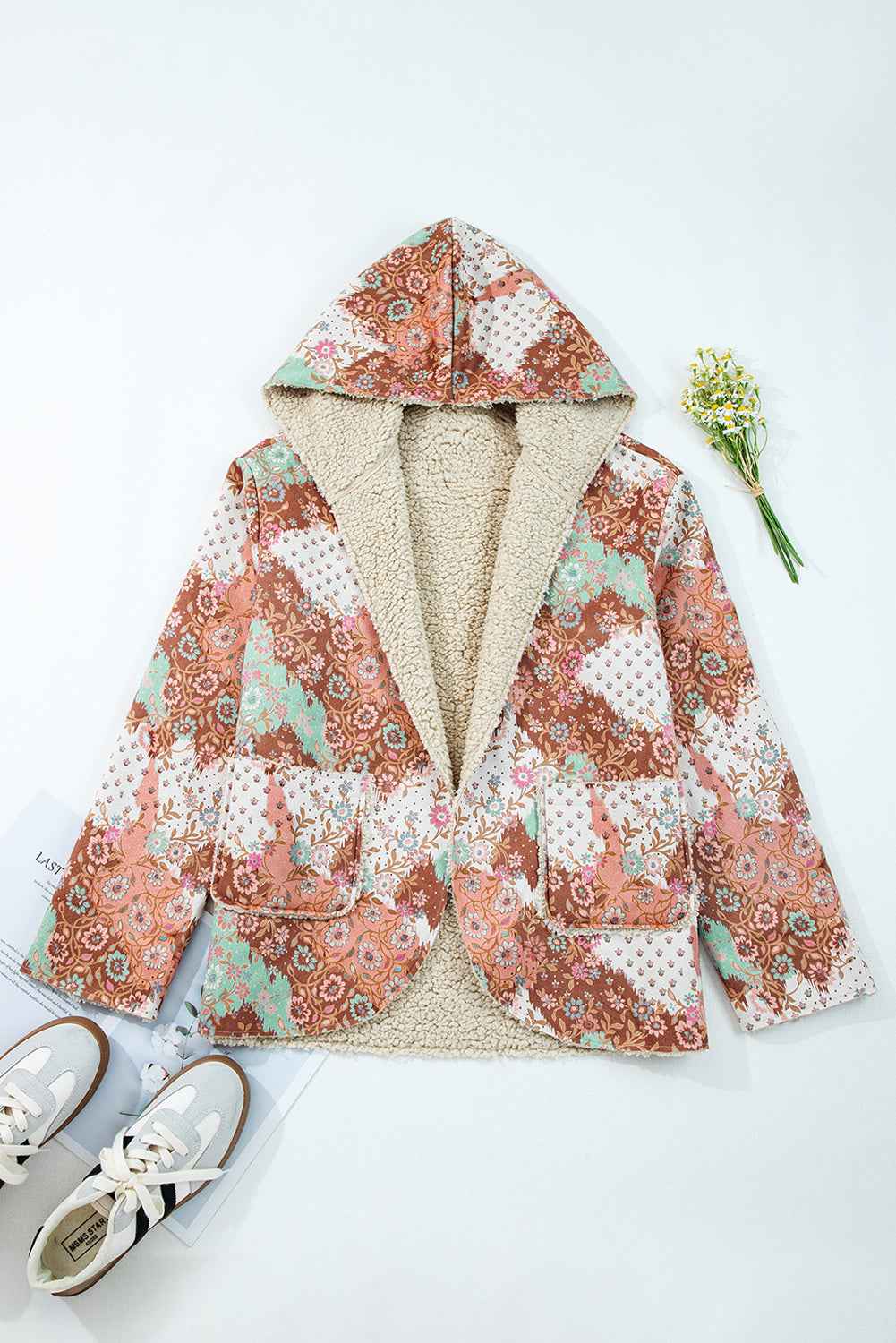 Beige Vintage Paisley Floral Printed Sherpa Lined Hooded Jacket f55fa90a5fd4c7e2
