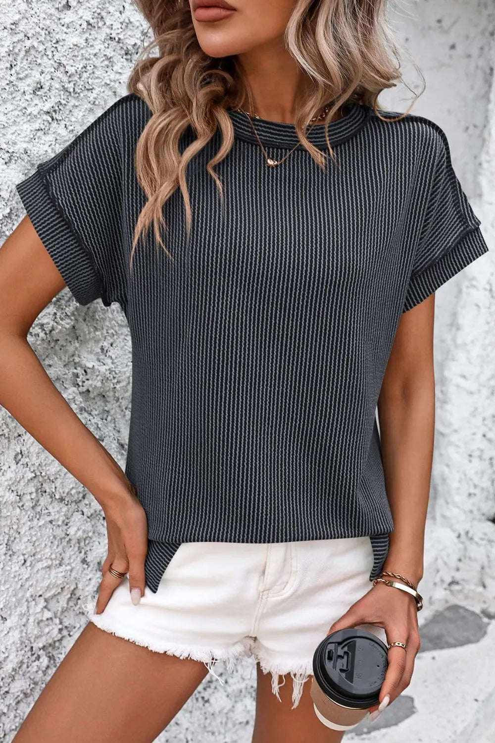 Mandy Striped Round Neck Short Sleeve T-Shirt Dark Gray f5747042-4f24-40e9-a949-4ba4057eb05e-Max