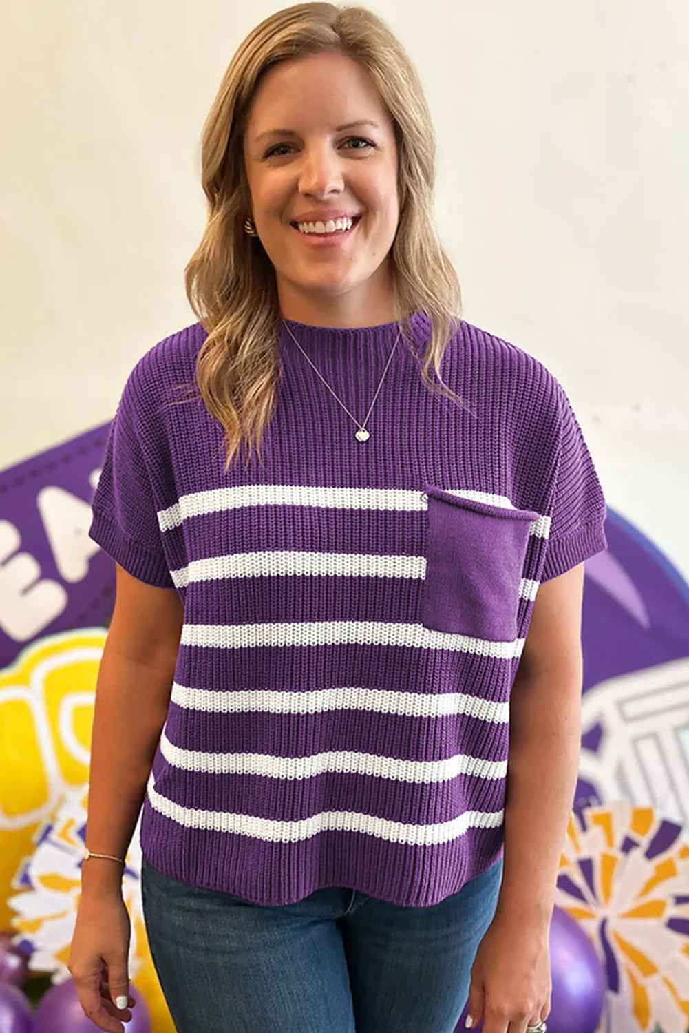 Purple Stripe Raw Edge Patched Pocket Short Sleeve Knit Sweater f58991fc3e0dc627