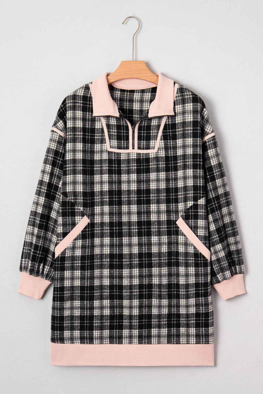 Black Casual Plaid Zipper Long Sleeve Mini Dress f61300dcb7428ccd