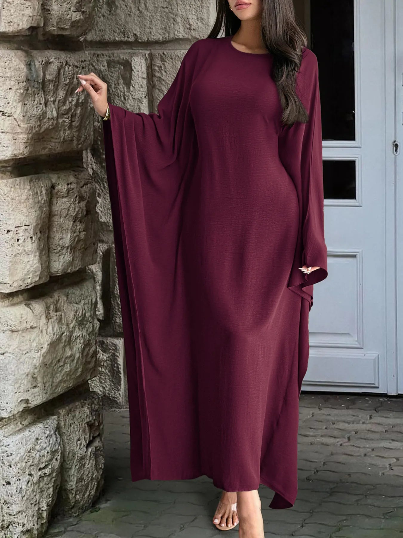 Round Neck Maxi Dress with Flowing Cape Sleeves f617a351e78d4ea8b3e64c60be1ef26e-Max-Origin
