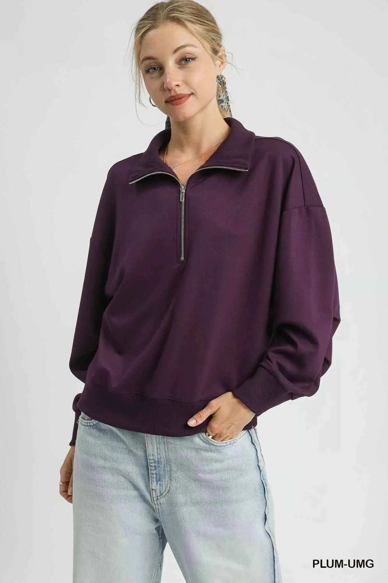Umgee Half Zip Drop Shoulder Sweatshirt PLUM-UMG f643bf97-1147-48d4-8480-bdbcf8ab9c04-Max-Origin
