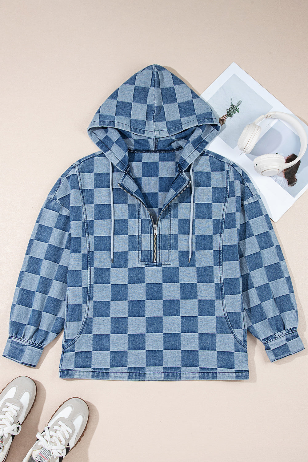 Sky Blue Checkerboard Zipped Collar Kangaroo Pocket Denim Hoodie f66a1914154172f2