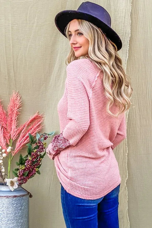 And The Why Button Detail Printed Sleeve Waffle Knit Top f6b2ab6d6d5841f6b59edabc7ffd1090-Max-Origin