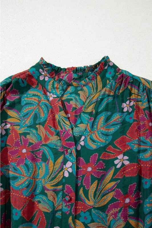 Floral Frilled V-Neck Puff Sleeve Ruffle Shirt Dre f6cea7d1-1da9-4c34-8ffa-1d3e245712eb