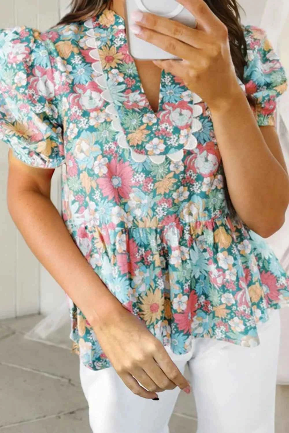 Printed Notched Short Sleeve Blouse Floral f6d2448d-8aef-4dbd-a67e-646beff3ffae-Max