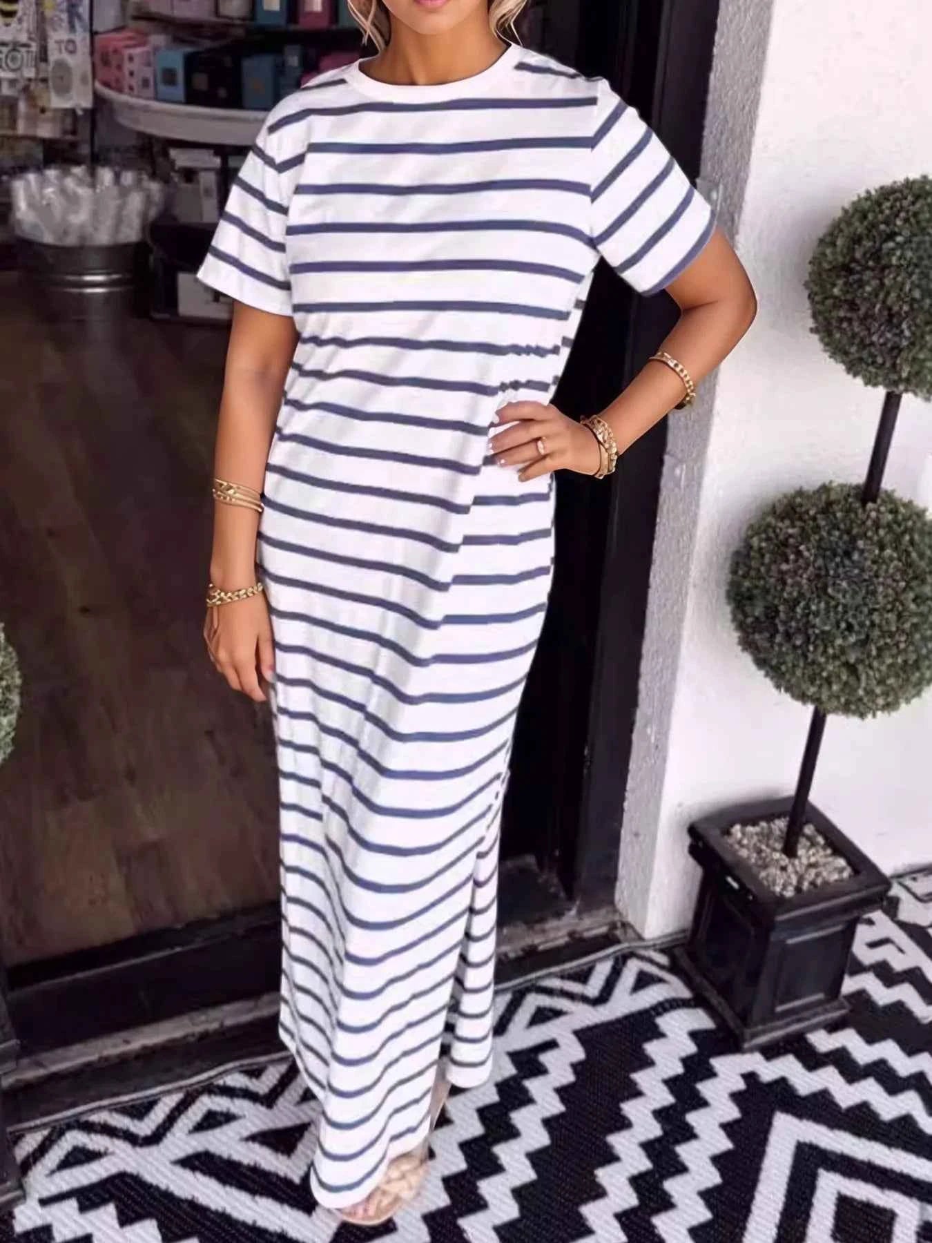 Plus Size Striped Maxi Dress with Side Slit - Full Size T-Shirt Style Dark Blue f72bfa81-f2f9-4d66-a448-60f83fc46226-Max-Origin