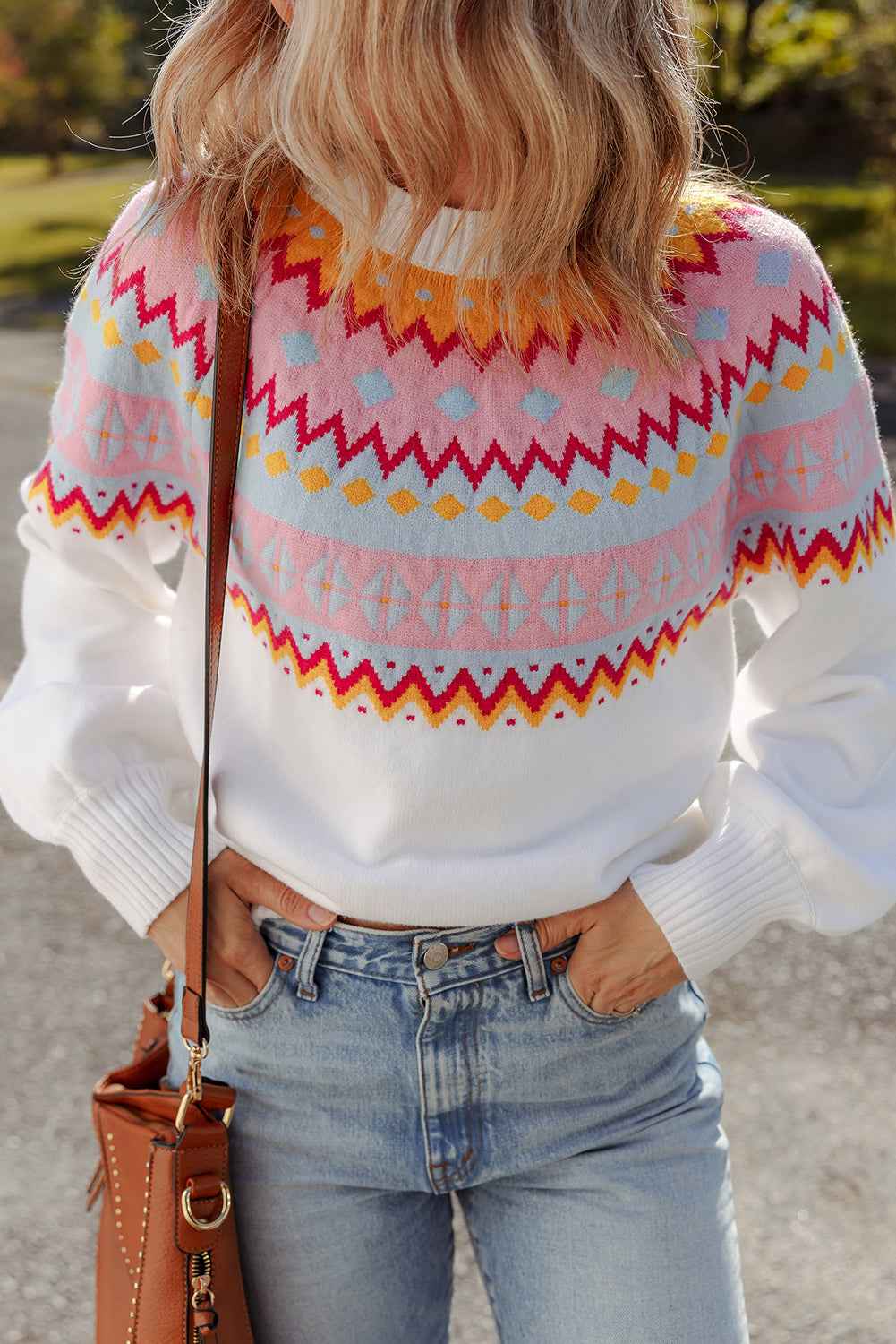 White Ethnic Geometric Colorblock Pattern Drop Shoulder Sweater f72c6880011f1e25