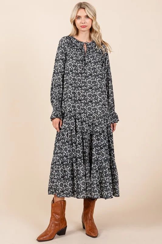 Mittoshop Printed Tie Neck Flounce Sleeve Midi Dress f758a70f-dc09-4217-93e5-e8188626637f-Max