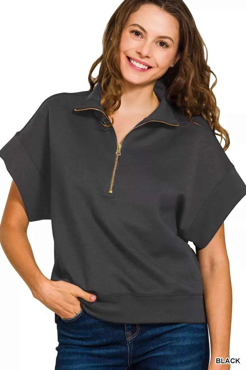 Zenana Full Size Scuba High Neck Half Zip Short Sleeve Top Plus Size f75effc49e88462faf6b50849ff97346-Max-Origin