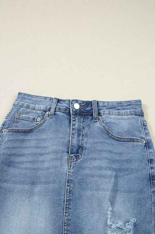 Denim Distressed Midi Skirt f77eccfa-9441-4253-a5a9-28d18a33c8e7