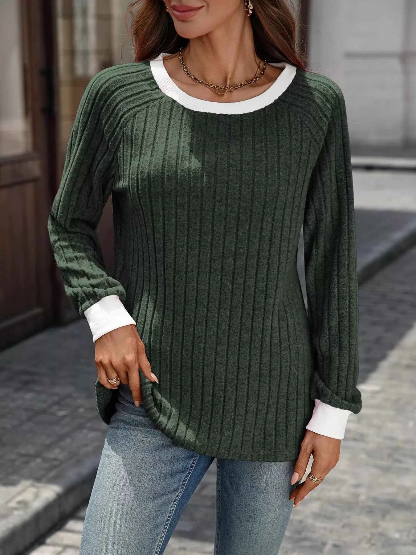 Ribbed Round Neck Raglan Sleeve Knit Top Green f7884cb9d13d4a4485852336908d8061-Max-Origin