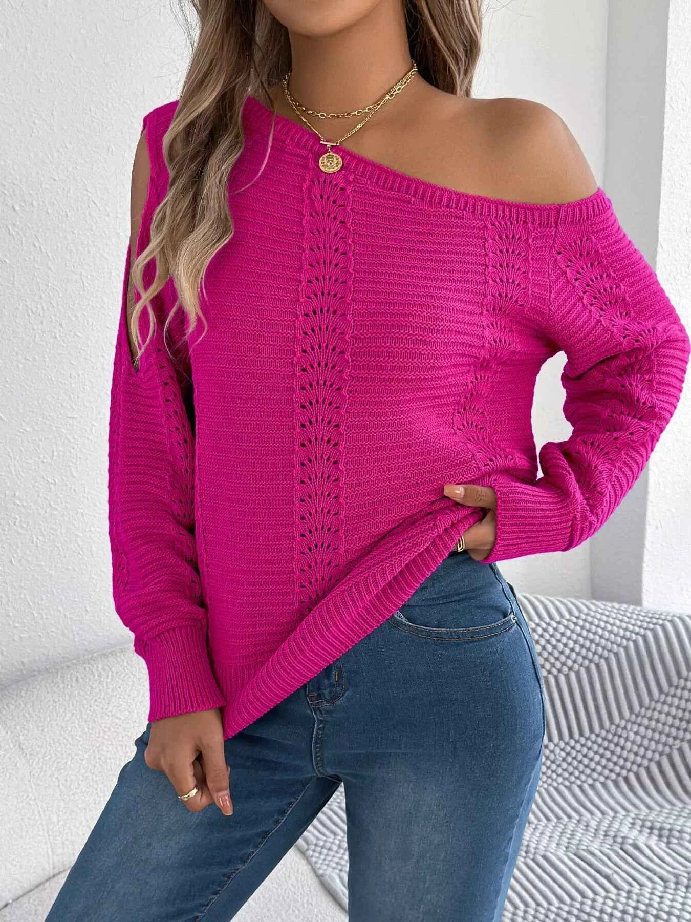 Openwork One Shoulder Cutout Long Sleeve Sweater Rose Red f7ac808cdd804de199a431905633e7ec-Max-Origin
