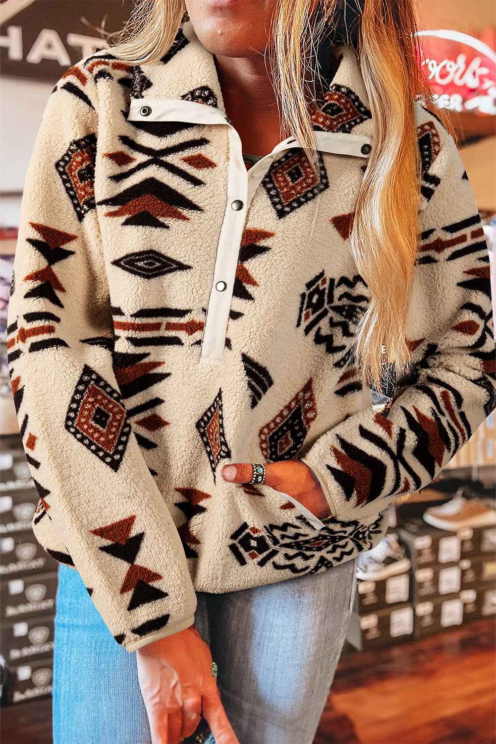 Beige Vintage Geometric Half Zip Plush Sweatshirt Beige 100%Polyester f7bff62268f89b66