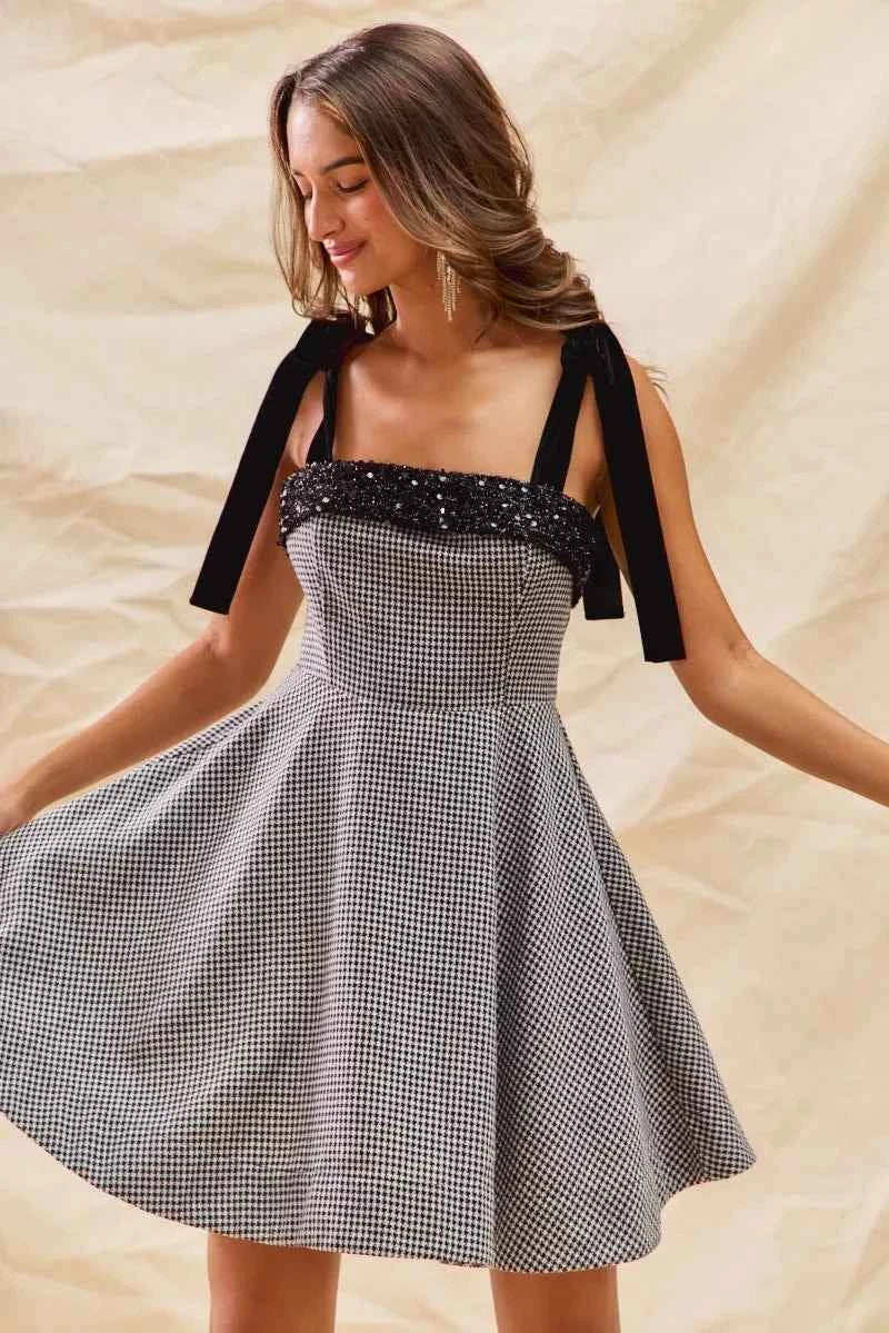 SO ME Houndstooth Fit Flare Mini Dress with Shoulder Tie f7c6e6fdd13c4f79b56dec37ff82b3e7-Max-Origin
