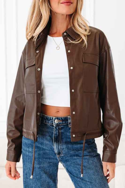Leather Drawstring Hem Pocketed Jacket f7cf2d84-a45a-441e-ae30-94a5f4629894