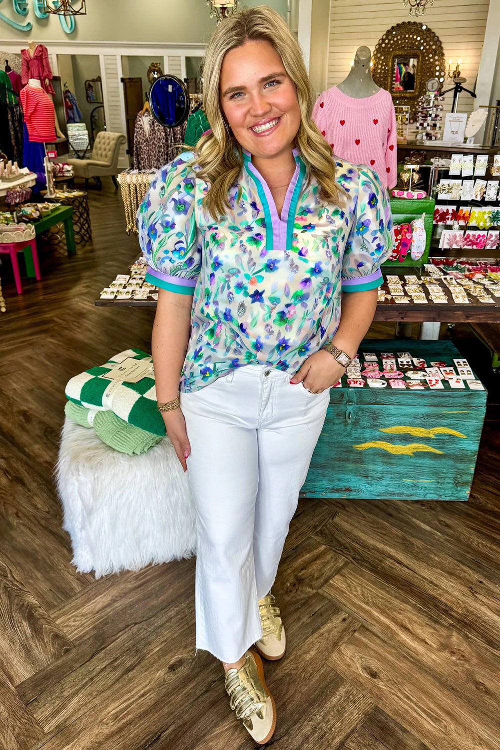 Green Floral Print Pop of Color Split Neck Puff Sleeve Plus Size Blouse f80f21802eefadf7