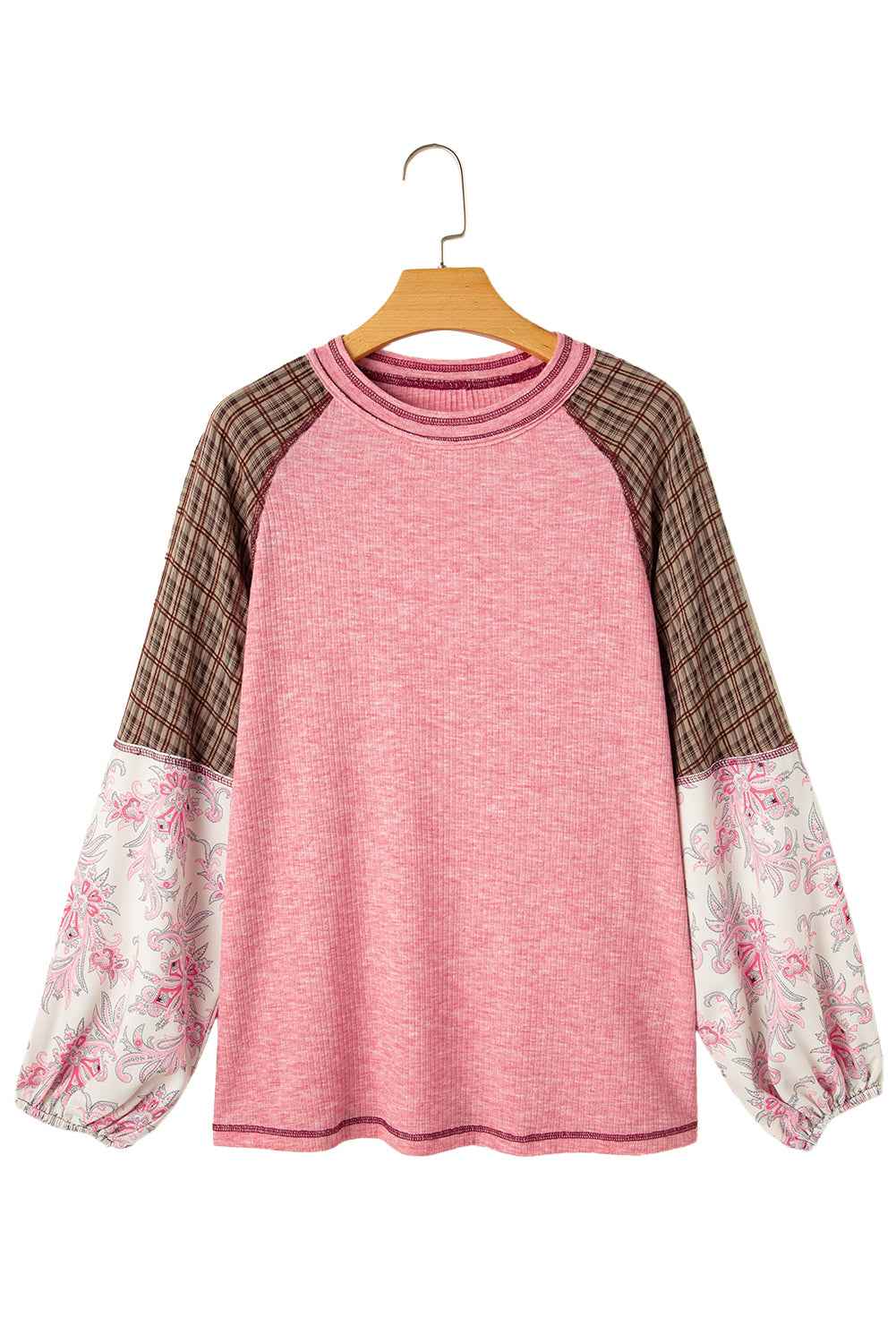 Jet Stream Floral Plaid Mixed Print Patchwork Raglan Ribbed Top f853f368cd380aed