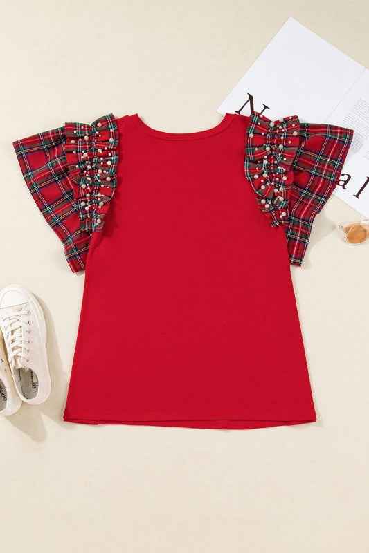 Plus Size Christmas Plaid Pearl Ruffle Sleeve Holi f89bdbc6-80eb-423e-b9b2-91fb04a0501b