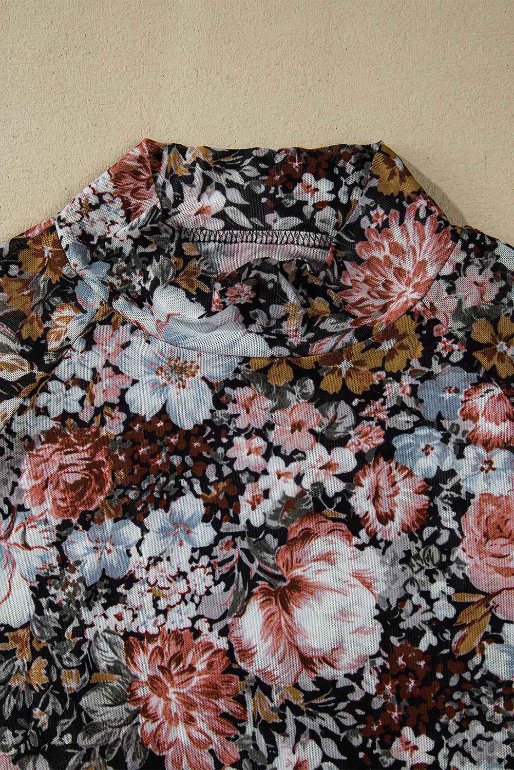 Brown Floral Print Mesh Mock Neck Slim Top f8ac377cc2cdf580