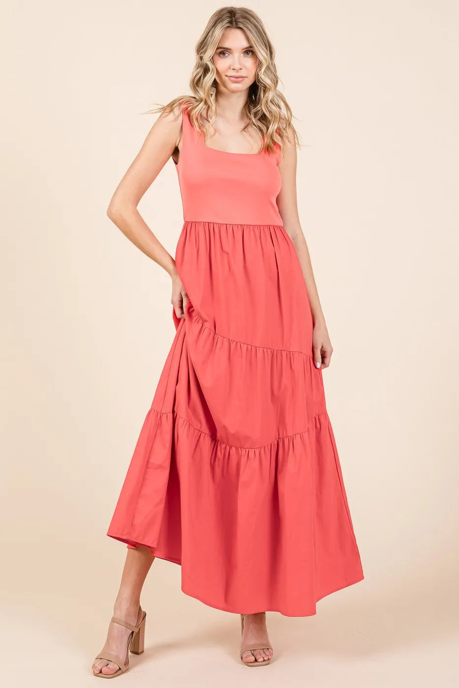 Mittoshop Mix Media Square Neck Maxi Dress CORAL f901c5b0960941d5909dd3a4d62a0c8c-Max-Origin
