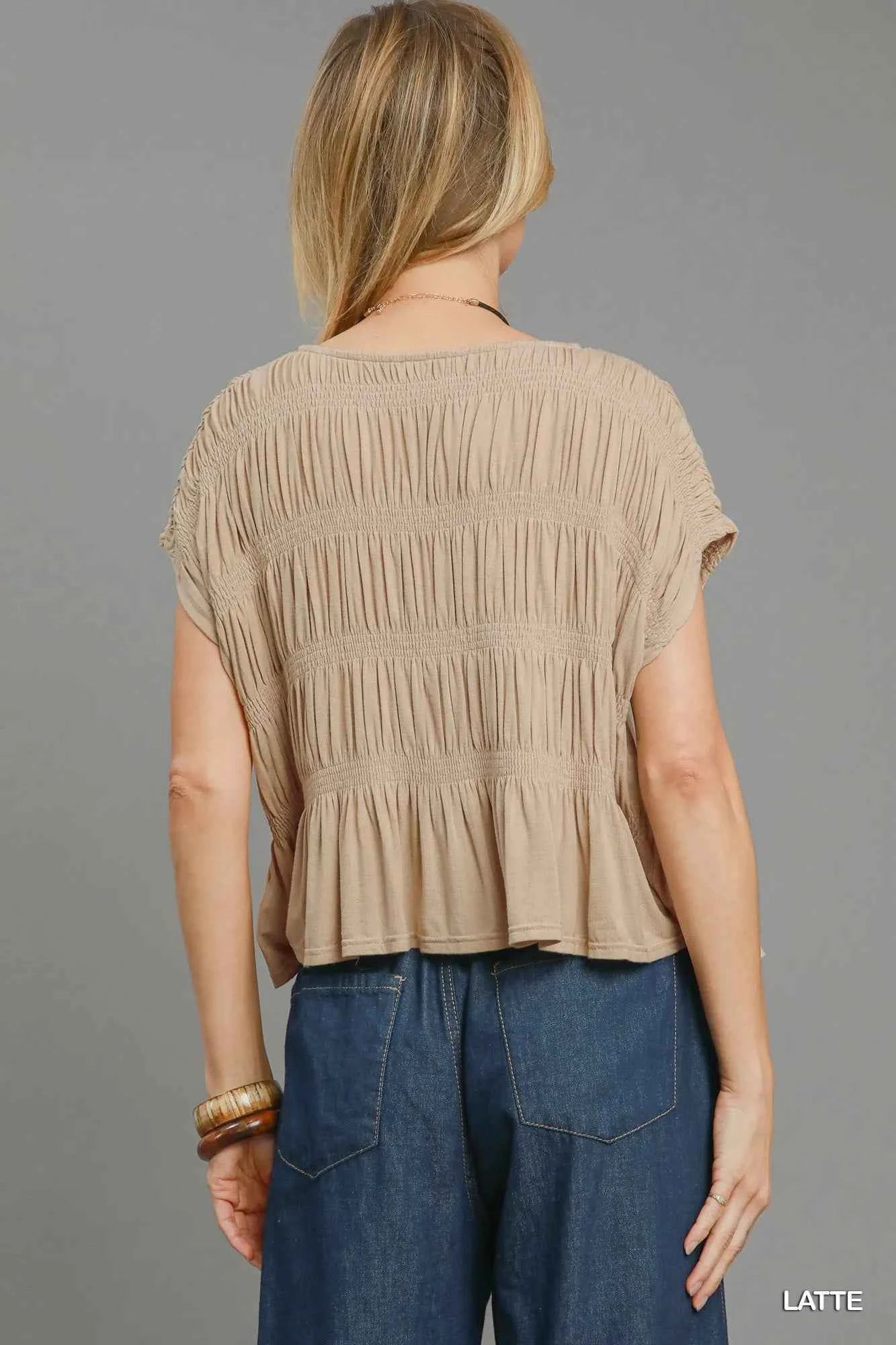 Umgee Short Sleeve Knit Smocked Top f9e344b1-9f30-420a-8b9b-7dbb5ad5cd2b-Max-Origin