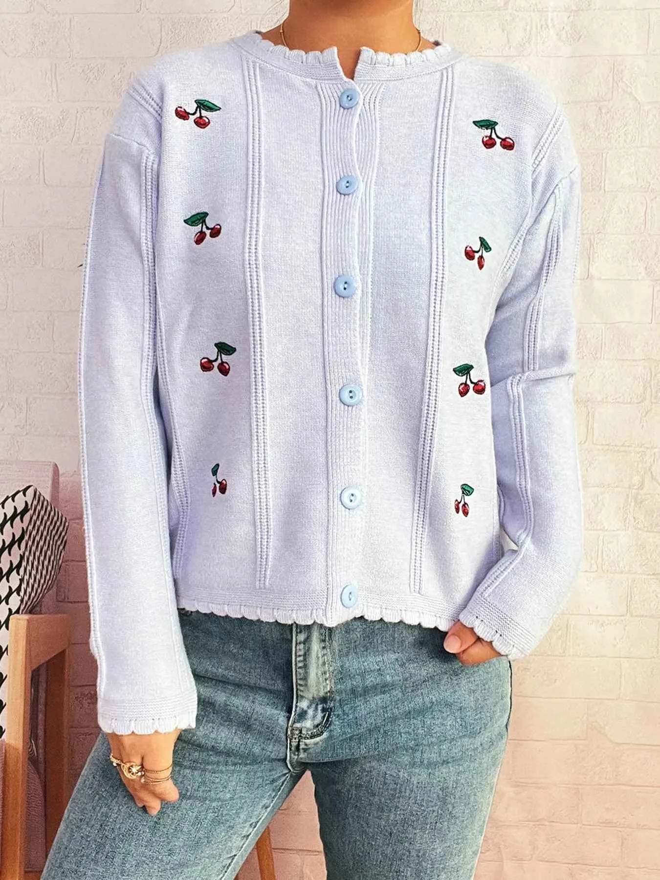 Cherry Embroidered Button Up Cardigan Light Blue One Size fa0b2ec1993b4b81a5f3bf4be6ea4aa5-Max-Origin