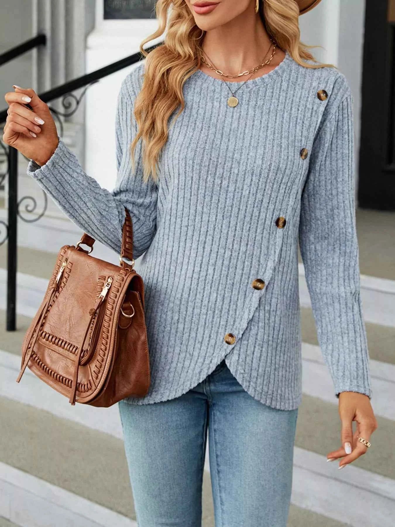 Ribbed Knit Decor Button T-Shirt fa3822b2-6f36-4334-b2bc-723efe97afe5-Max-Origin
