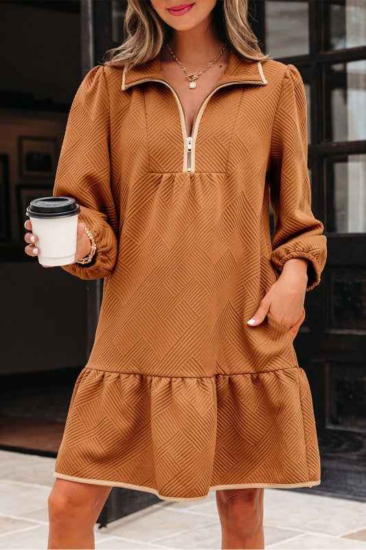 Textured Quarter Zip Collar 3/4 Sleeve Mini Dress Desert Gold fa5ba0fc-482b-4260-9a01-e15c312d3d5f