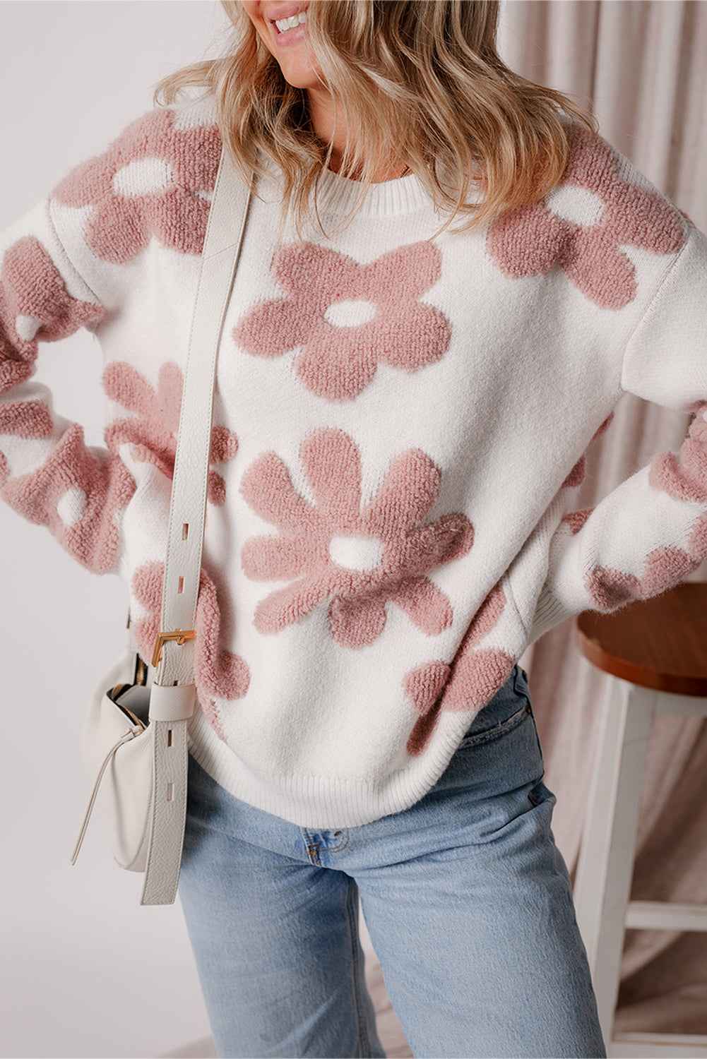White Vintage Flower Drop Shoulder Loose Sweater fa6db371c71c13b0