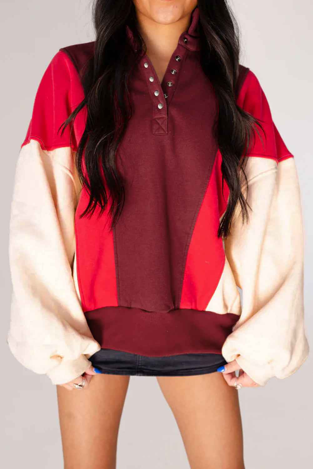 Fiery Red Colorblock Patchwork Oversized Sweatshirt fa75693ec37c10dc