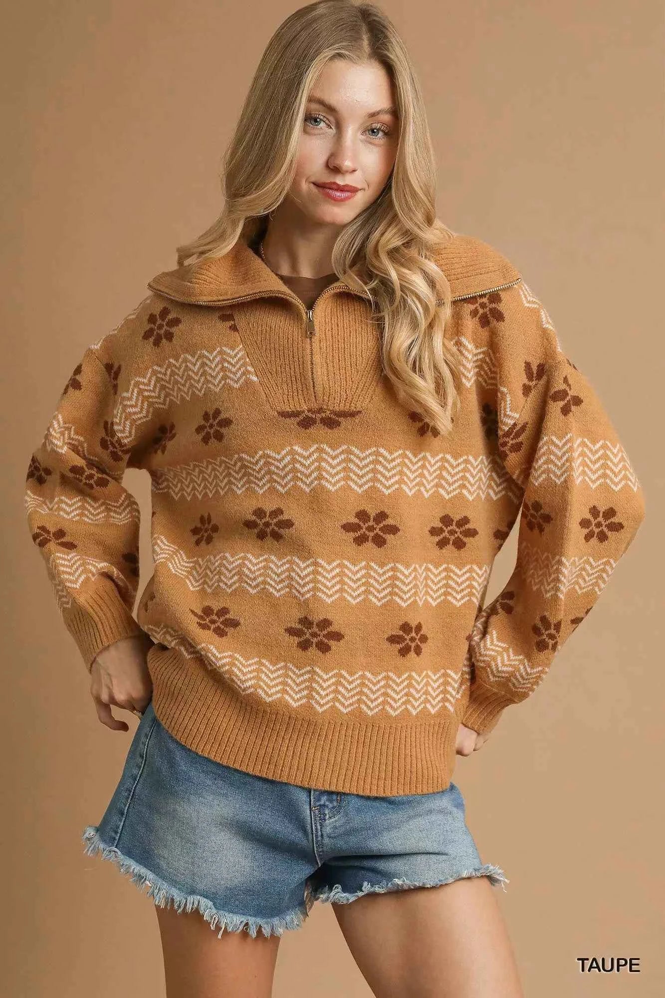 Umgee Floral Patterned Jacquard Quarter-Zip Pullover Sweater TAUPE fa794618-cbd8-438d-a131-32c92ced2f49-Max-Origin