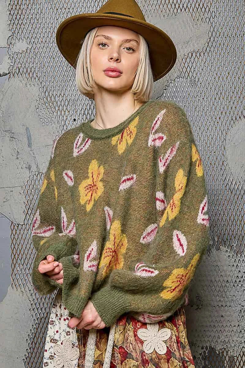 POL Floral Pattern Round Neck Balloon Sleeve Sweater