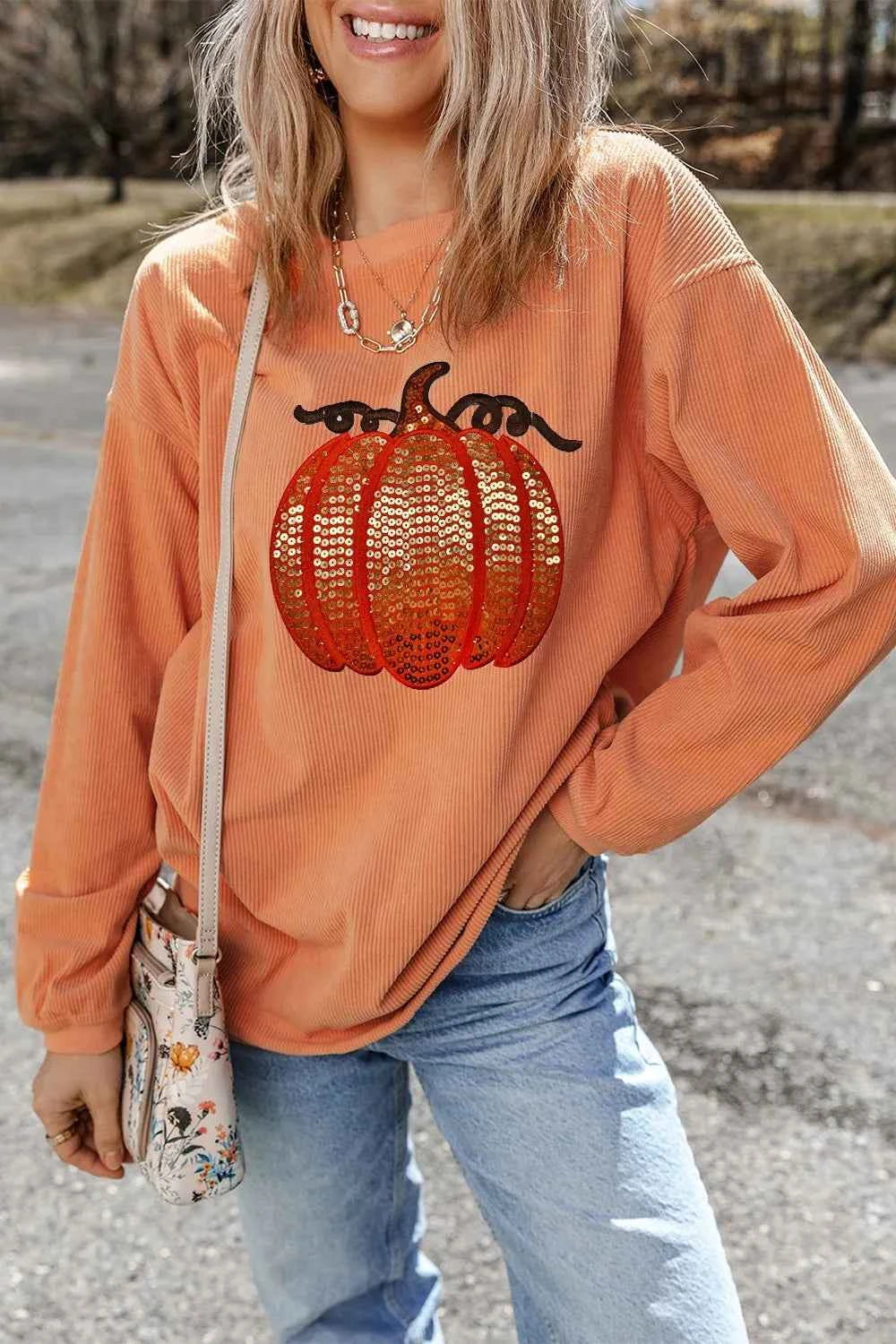 Sequin Pumpkin Round Neck Long Sleeve Sweatshirt fc1de5ad-c016-4b91-8795-5153a3963fee-Max