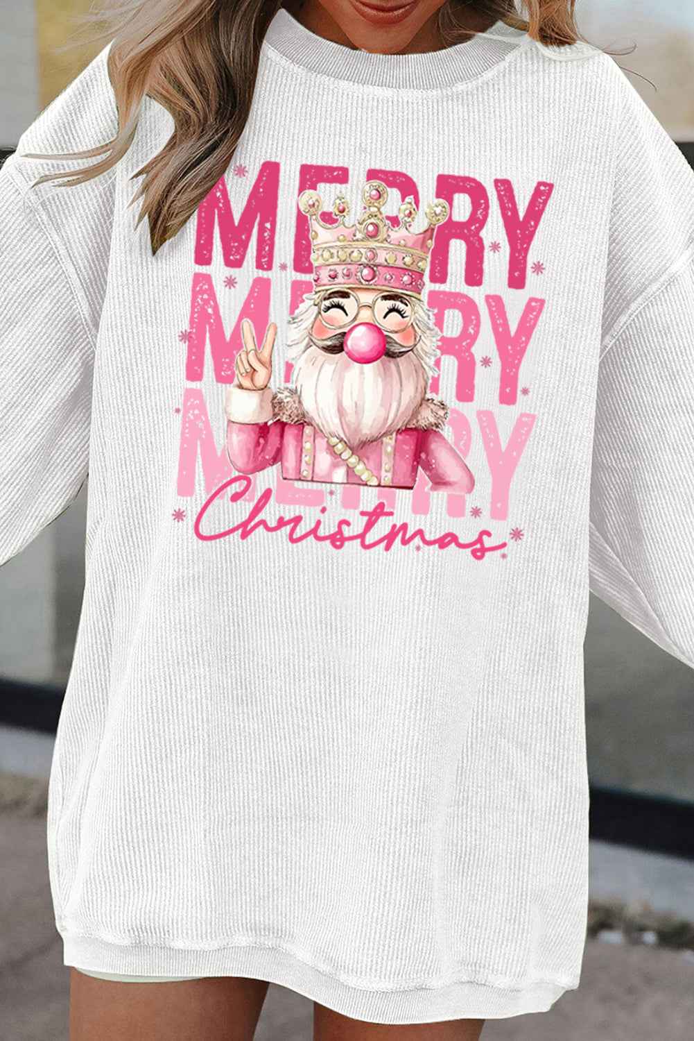White Twisted Ribbed Merry Christmas Nutcracker King Heat Transfer Printing Sweatshirt White 100%Polyester fc6086ea3104a68f