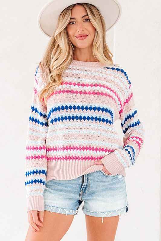 Stripe Eyelet Knit Drop Shoulder Sweater fc619bf3-7f48-4ea4-89ab-45dcf5a89aed