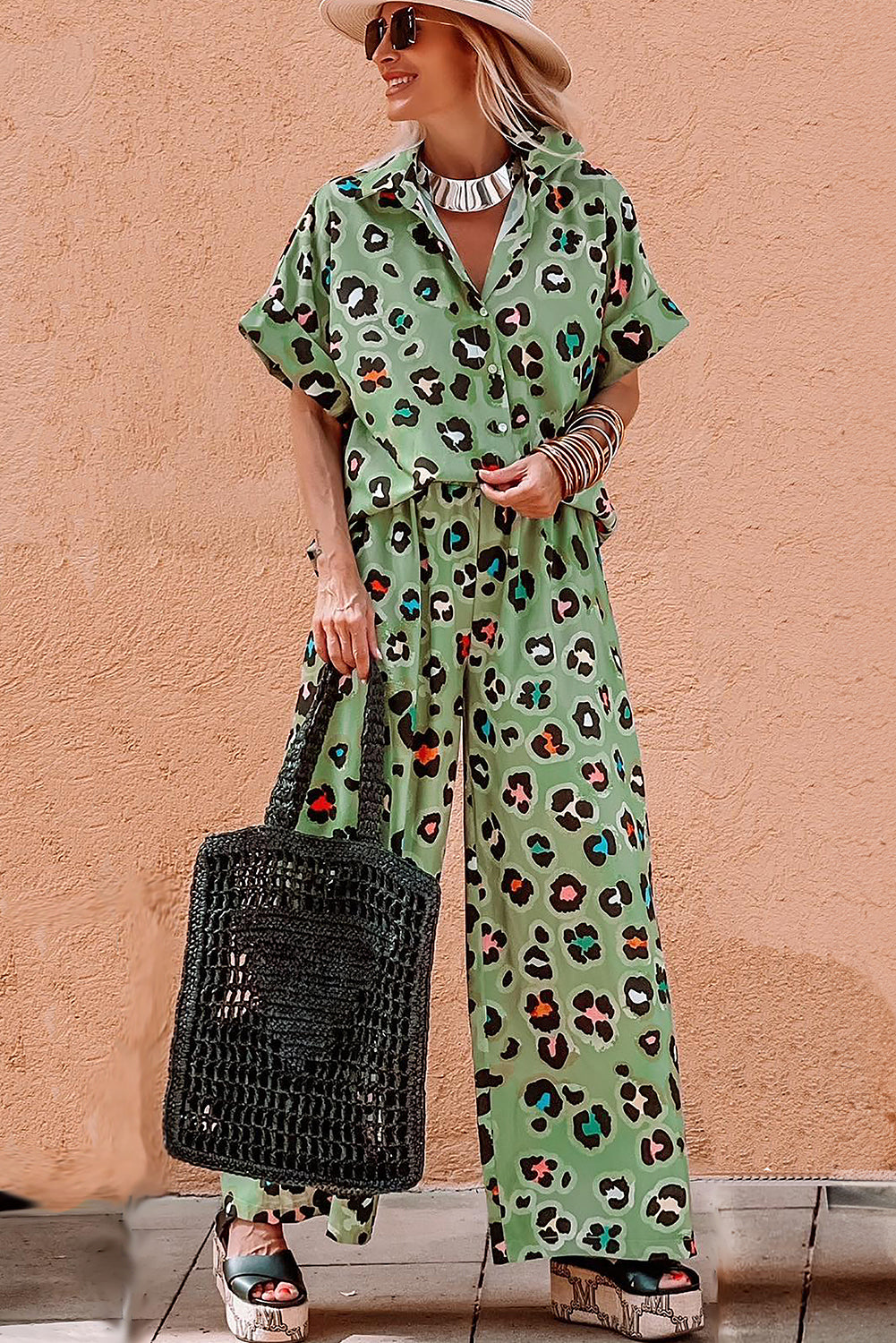 Green Leopard Print Short Sleeve Shirt and Wide Leg Pants Set fc73fed186c8d6c6