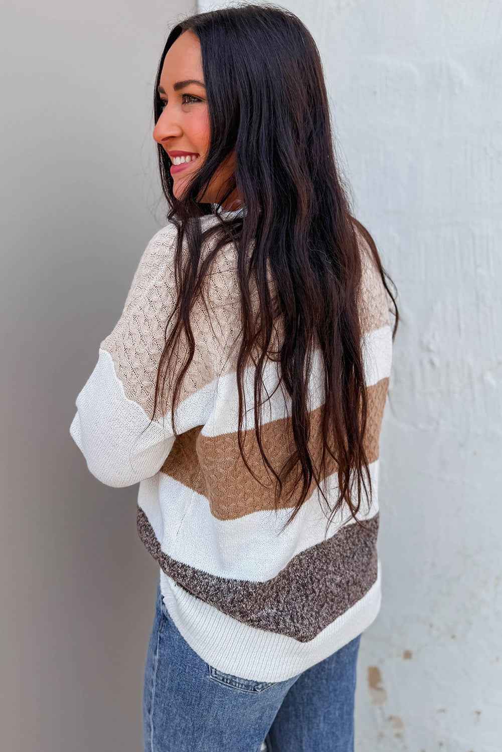 Brown Mixed Texture Knit Striped Colorblock Loose Sweater fc8acb79fa3d700f