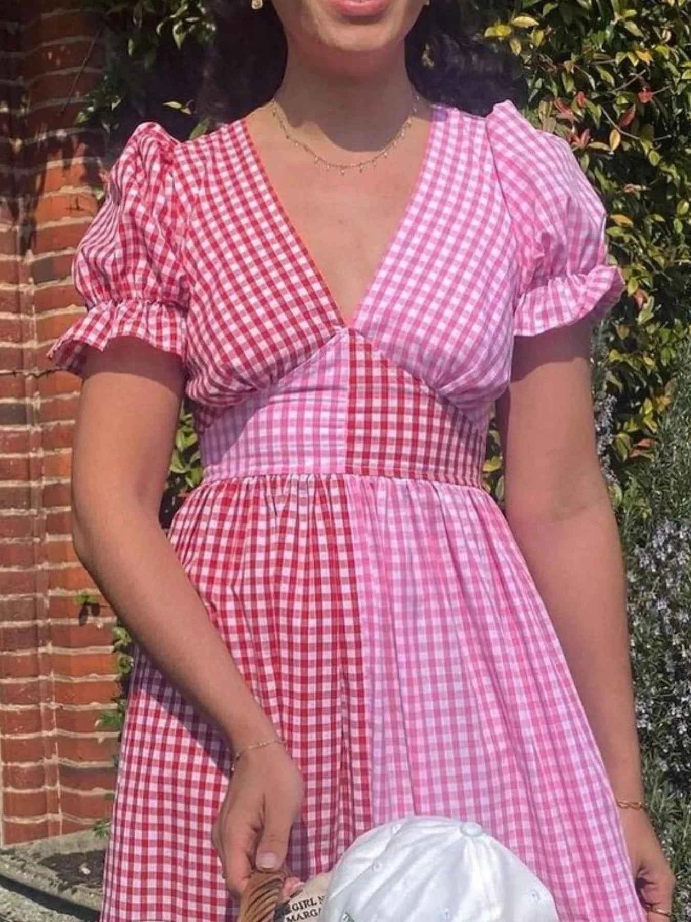 Plaid V-Neck Puff Sleeve Dress fcd131a6-03a1-41e1-8b8e-1b90932dc12a-Max-Origin