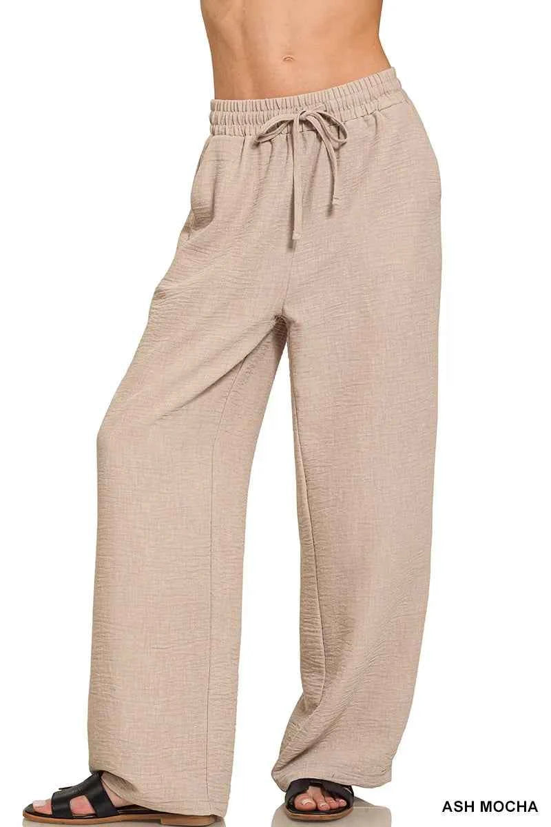 Zenana Woven Crepe Elastic Band Pants ASH MOCHA fd0d7488c8464203be377c1d3a3ad472-Max-Origin