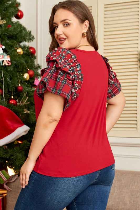 Plus Size Christmas Plaid Pearl Ruffle Sleeve Holi fd50ee54-eb09-48de-8084-47b22d1ce25a